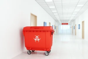red waste container for regulated medical waste in a hospital hallway